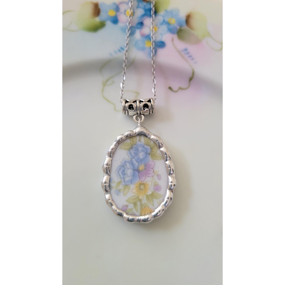 Handmade Vintage China Plate Necklace, Soft Blue Daisy Flower Pendant